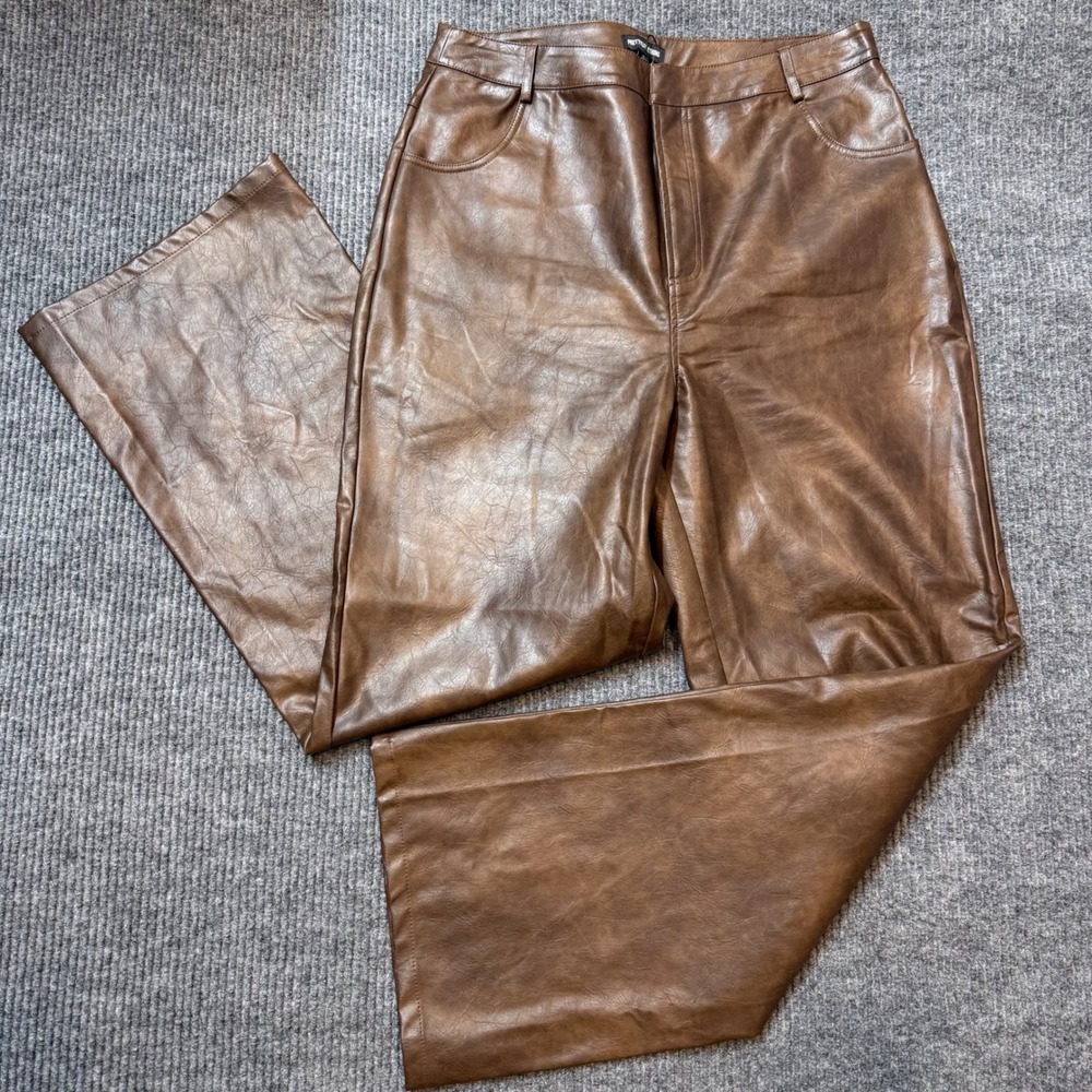 PrettyLittleThing Brown Faux Leather Flare Pants Size 12 Y2K Streetwear